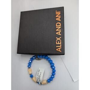 ALEX AND ANI Blue Beaded Stretch Bracelet with Carved Beads & Box